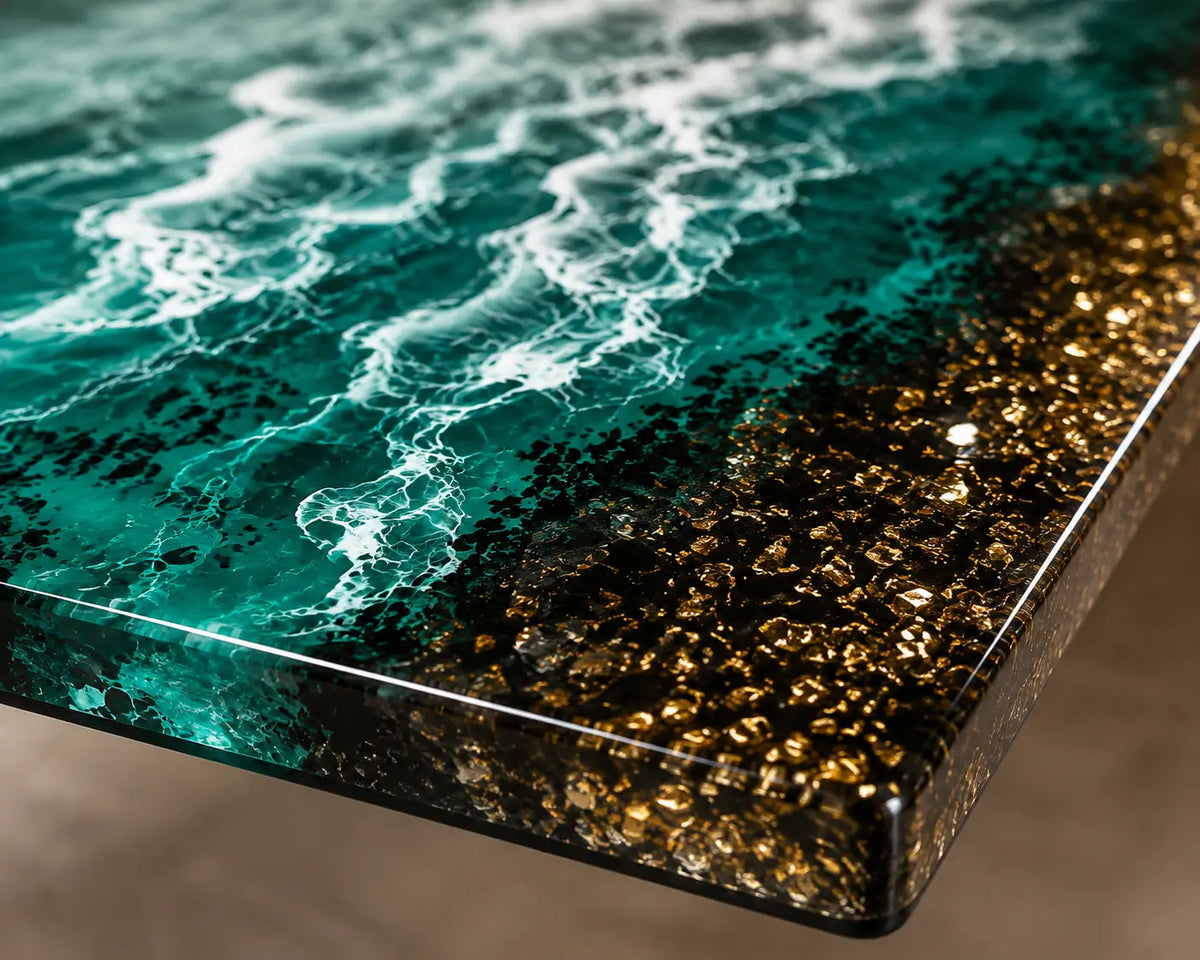 Emerald Marble Emerald Green & White Marble Swirl & Metallic Gold Flakes Epoxy Cedar Burl Dining Table DT82