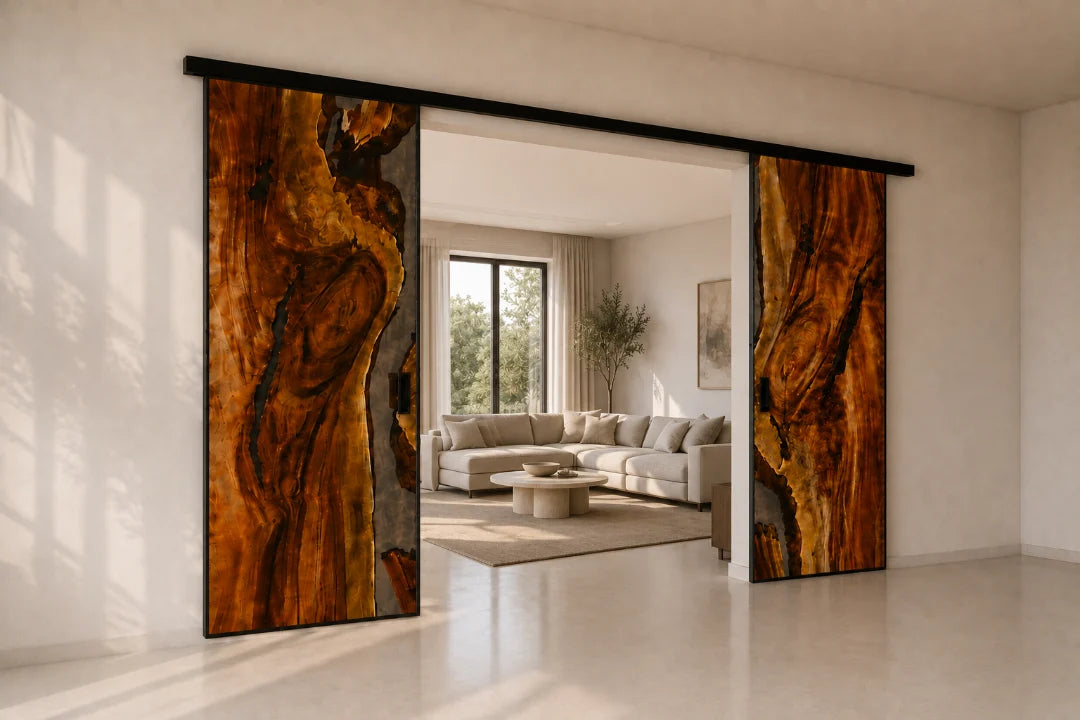 DR01  Crystal Clear epoxy sliding door with handcrafted resin and natural-grain detail