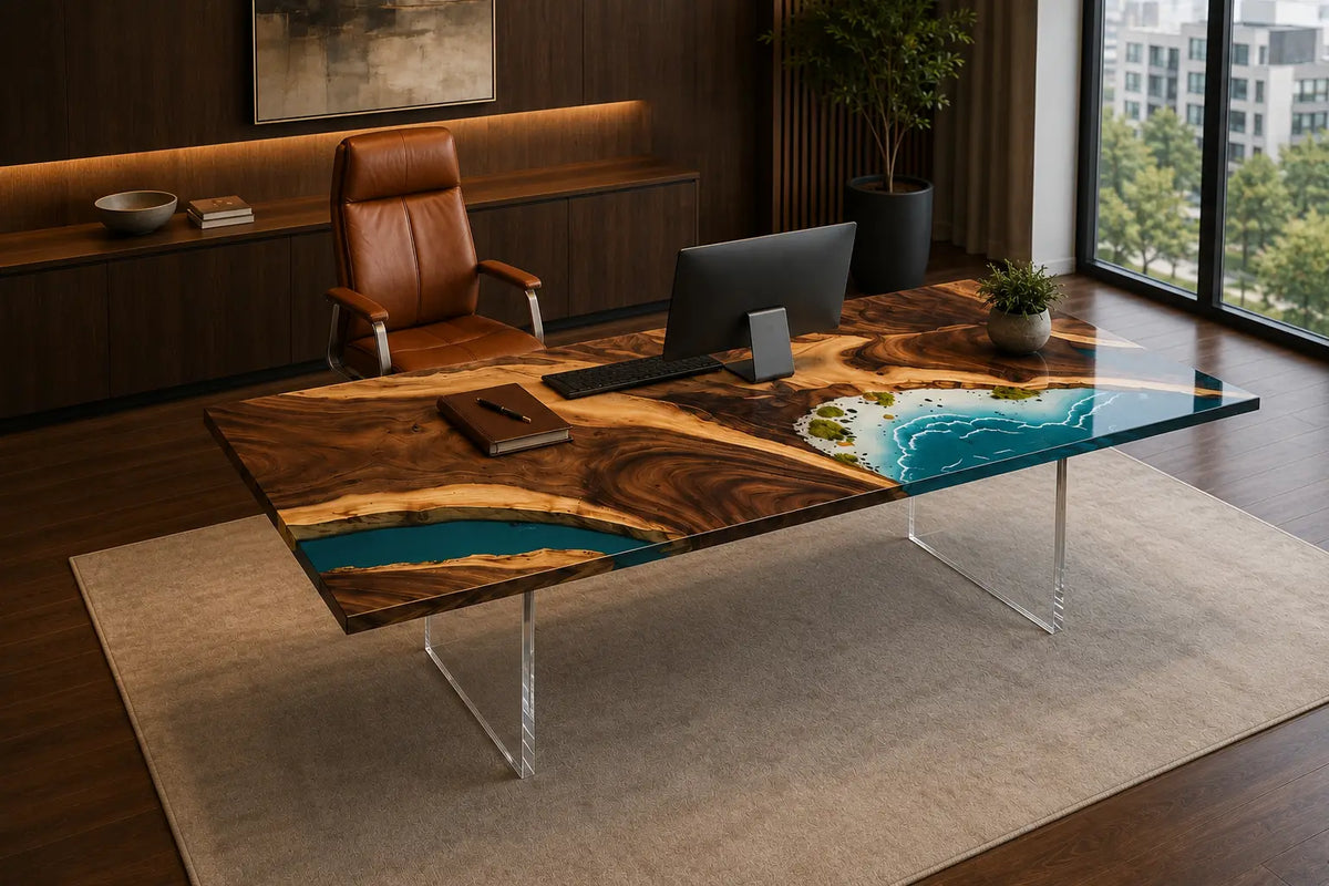 Azure Archipelago ocean blue with white surf epoxy ocean walnut office desk OD01