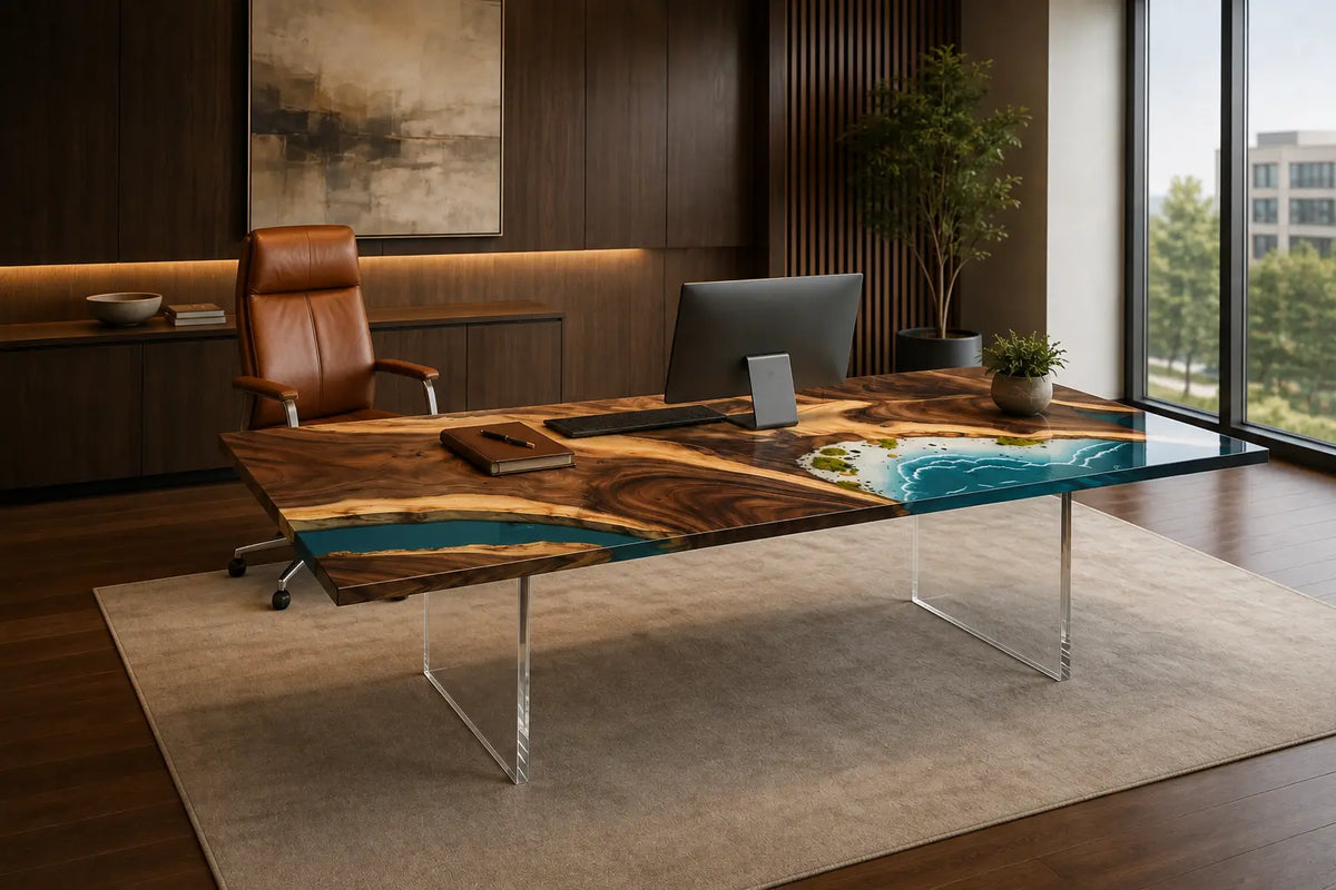 Azure Archipelago Ocean Blue with White Surf Epoxy Ocean Walnut Office Desk OD01