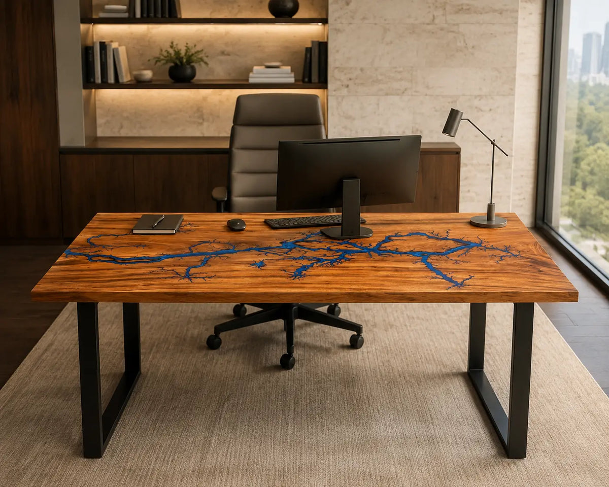 Cobalt Branches Cobalt Blue Epoxy River Walnut Office Desk OD02