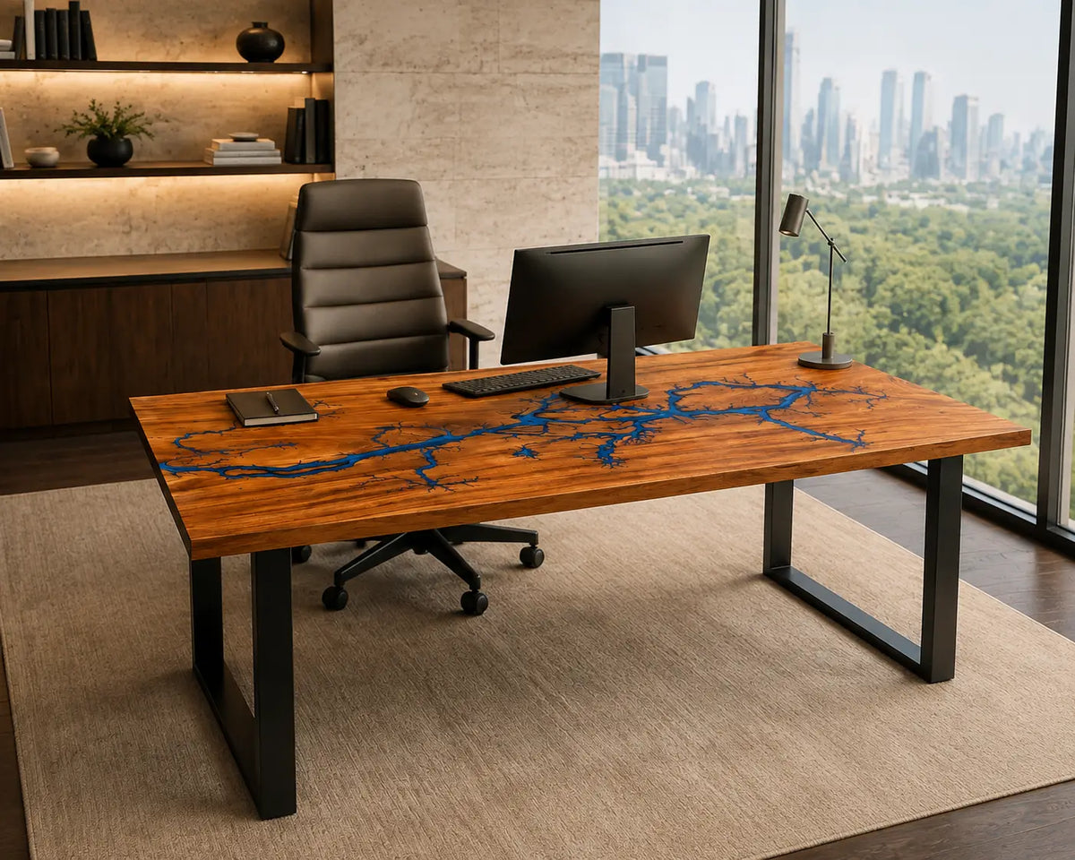 Cobalt Branches Cobalt Blue Epoxy River Walnut Office Desk OD02