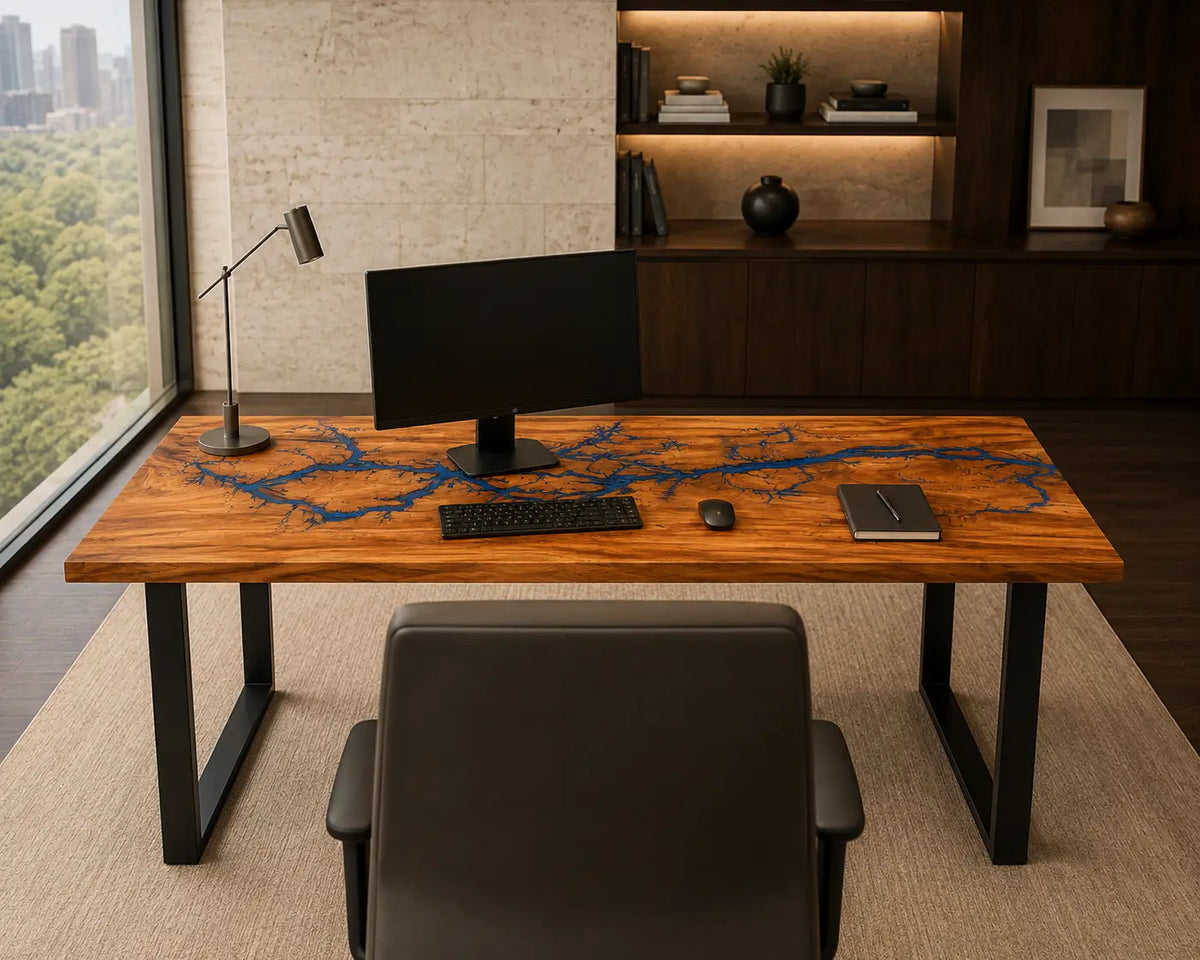 Cobalt Branches Cobalt Blue Epoxy River Walnut Office Desk OD02