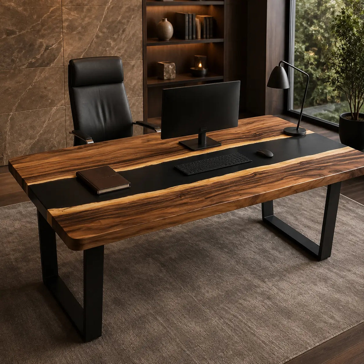 Smoky Divide smoky black transparent epoxy river walnut office desk OD03