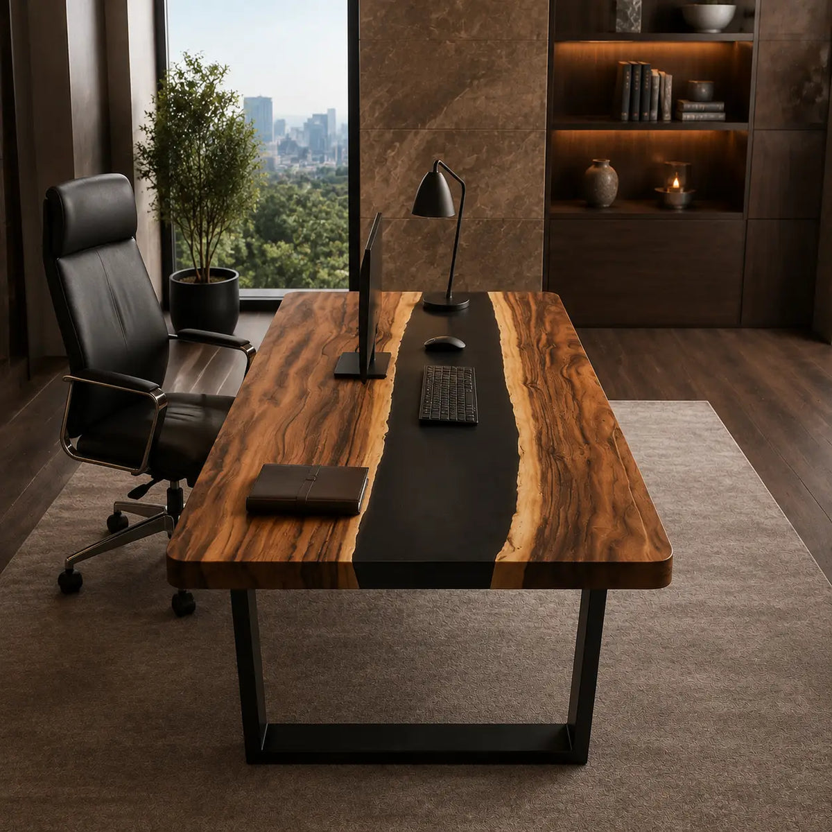 Smoky Divide Smoky Black Transparent Epoxy River Walnut Office Desk OD03