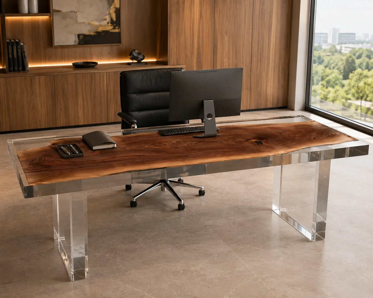 Crystal Frame crystal clear epoxy walnut office desk OD04