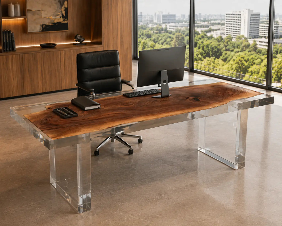 Crystal Frame Crystal Clear Epoxy Walnut Office Desk OD04