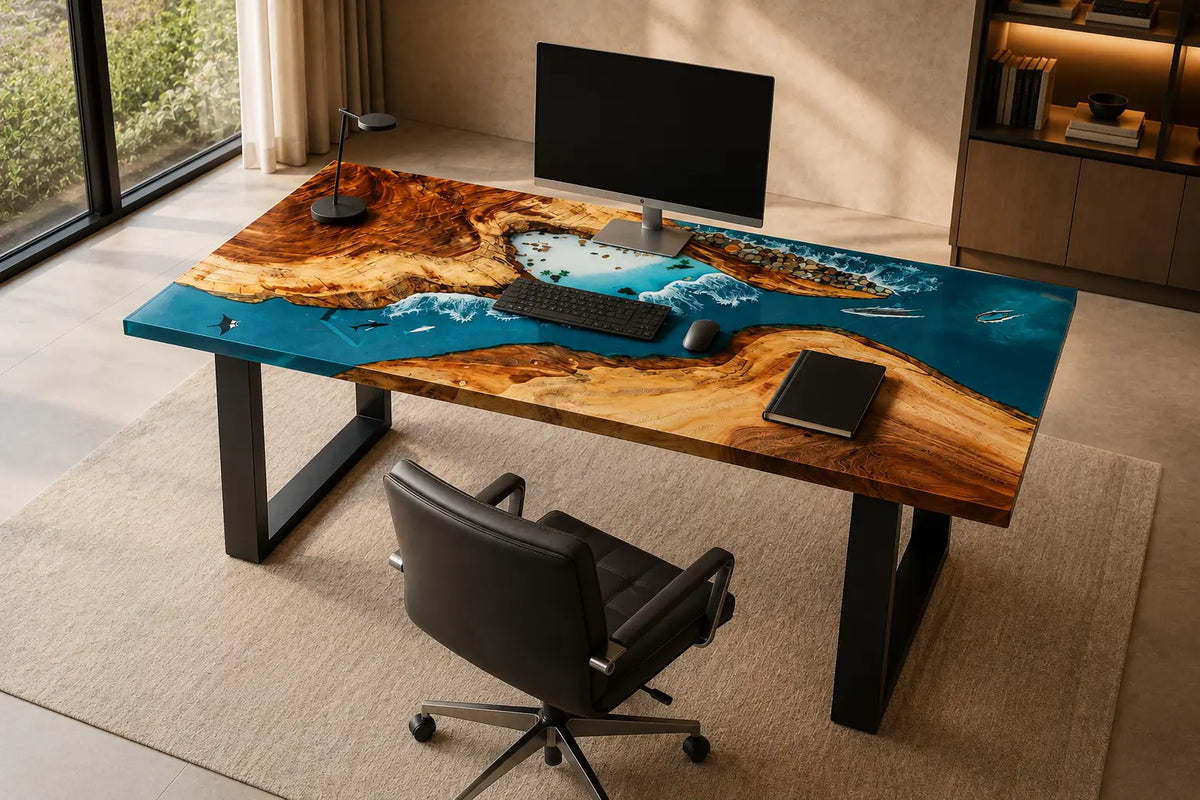 Island Breaker ocean blue with white surf epoxy ocean walnut office desk OD05