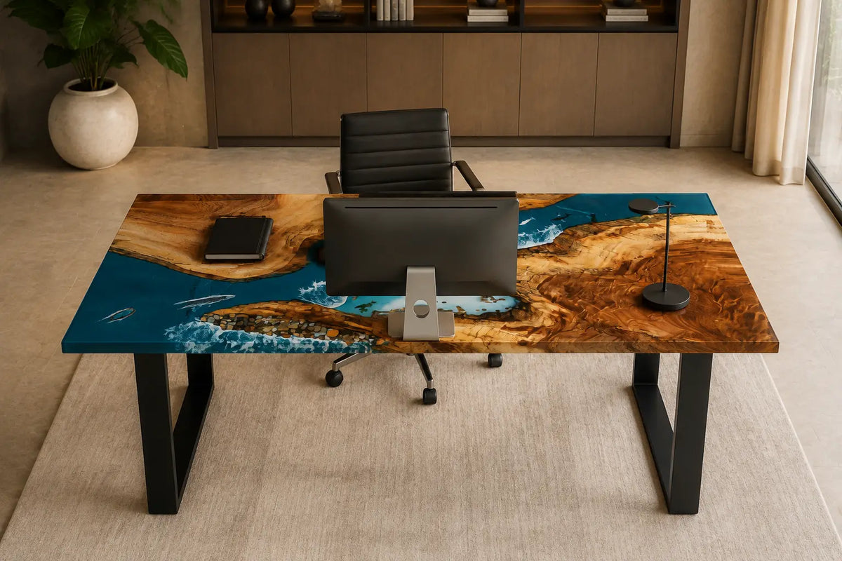 Island Breaker Ocean Blue with White Surf Epoxy Ocean Walnut Office Desk OD05