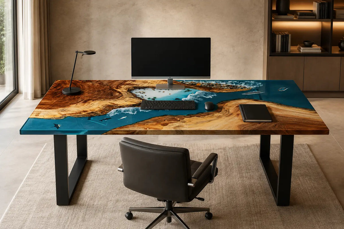 Island Breaker Ocean Blue with White Surf Epoxy Ocean Walnut Office Desk OD05