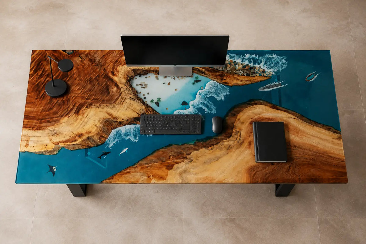 Island Breaker Ocean Blue with White Surf Epoxy Ocean Walnut Office Desk OD05