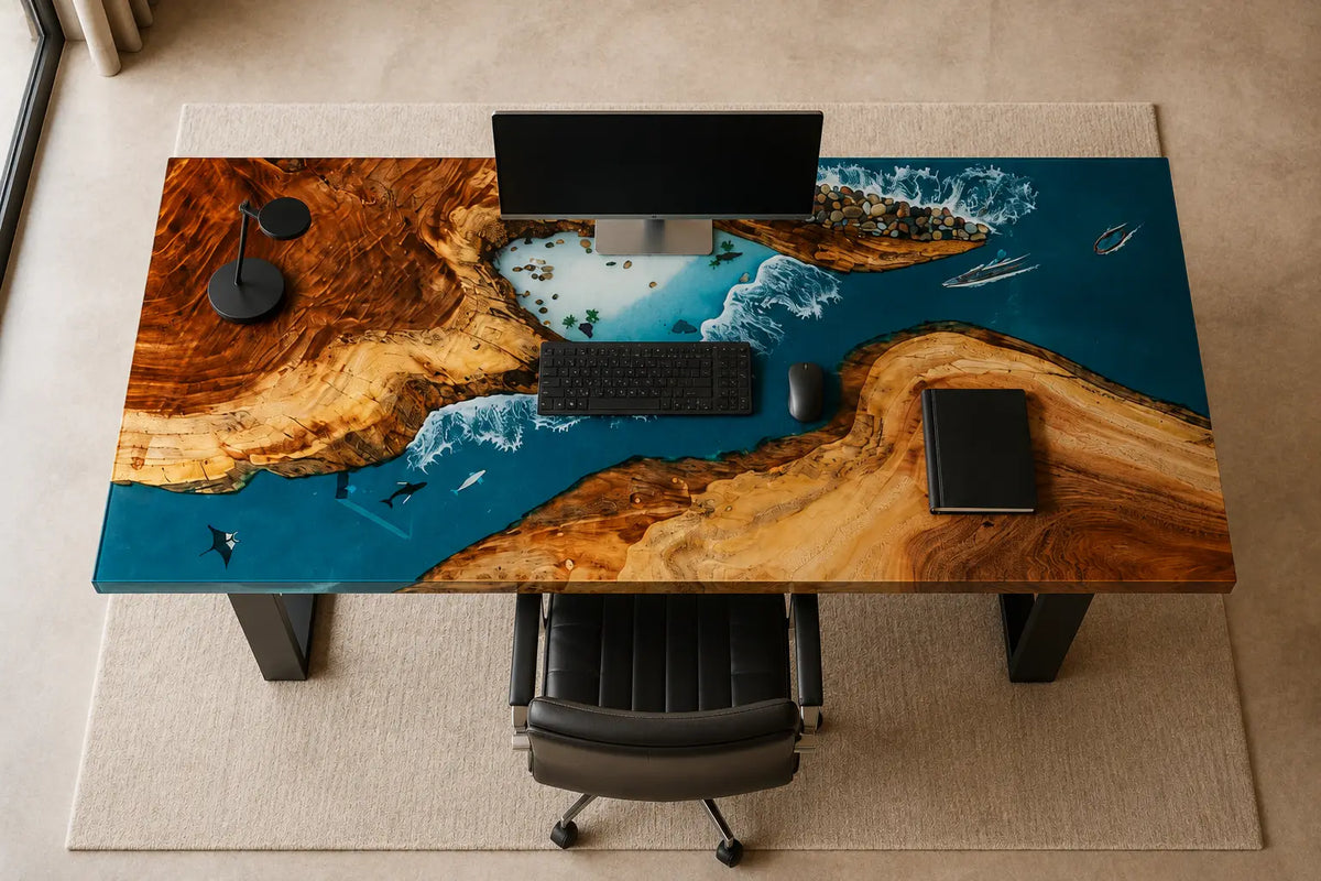Island Breaker Ocean Blue with White Surf Epoxy Ocean Walnut Office Desk OD05