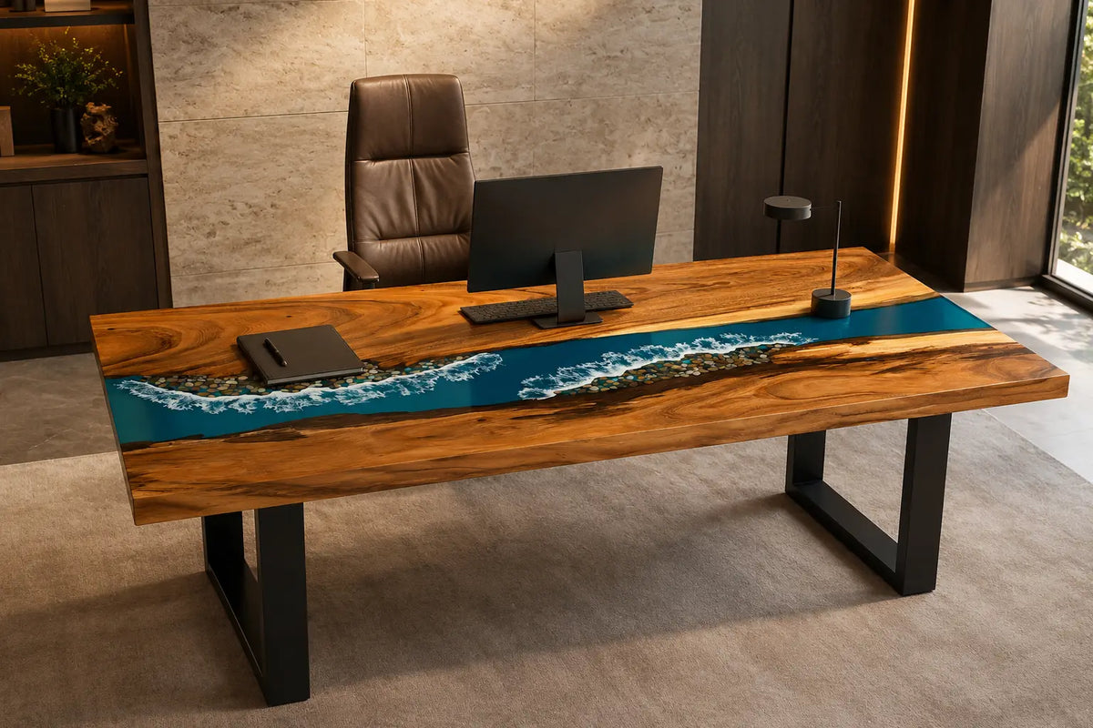 Tidal Ribbon turquoise blue with white surf epoxy river walnut office desk OD06