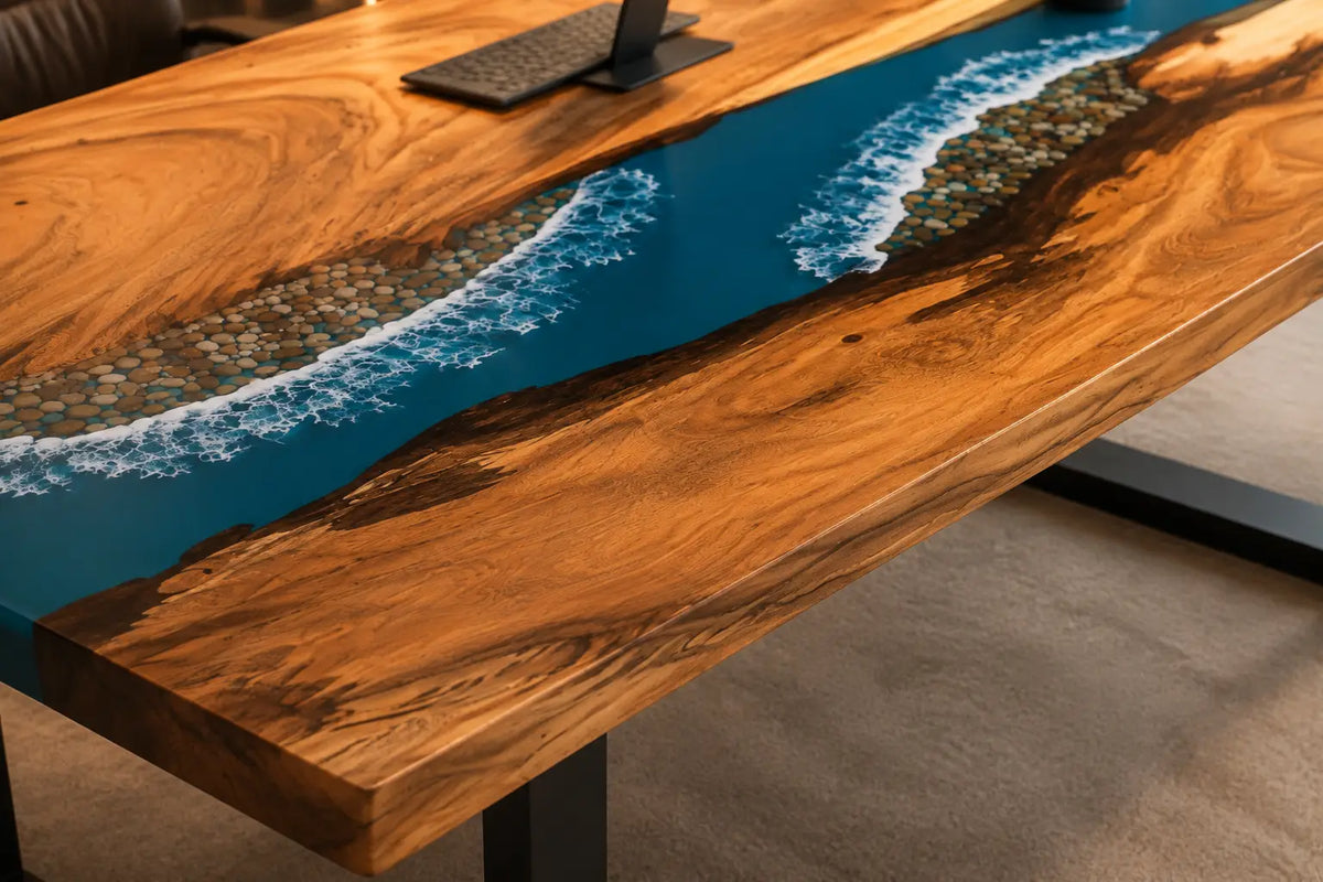 Tidal Ribbon Turquoise Blue with White Surf Epoxy River Walnut Office Desk OD06