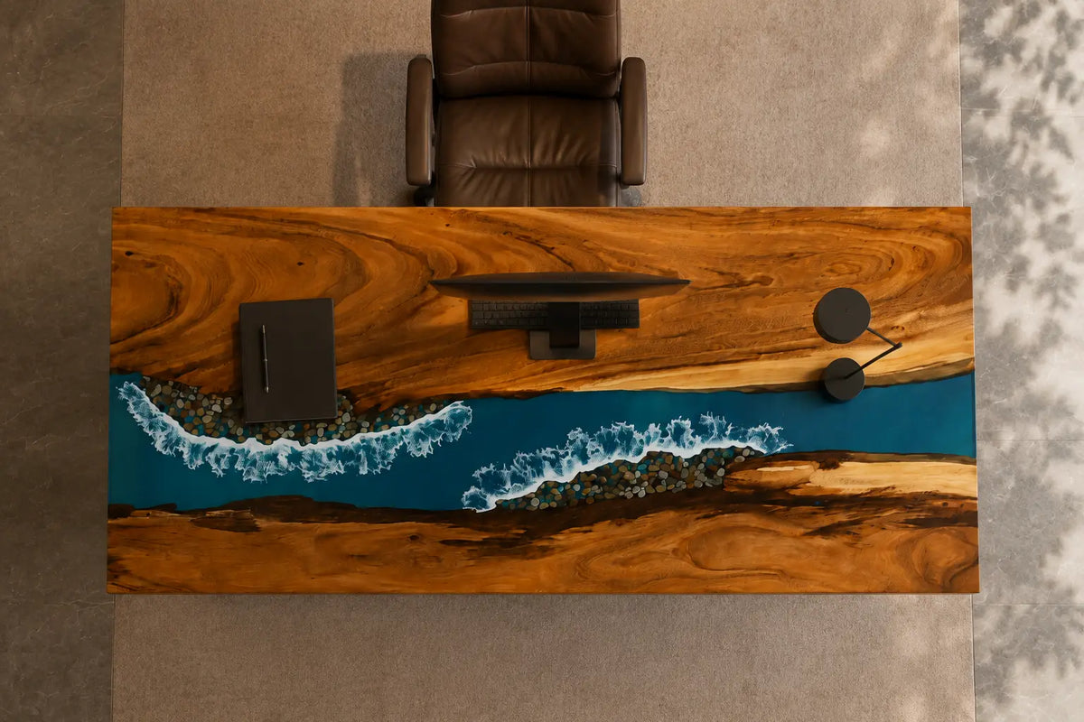 Tidal Ribbon Turquoise Blue with White Surf Epoxy River Walnut Office Desk OD06