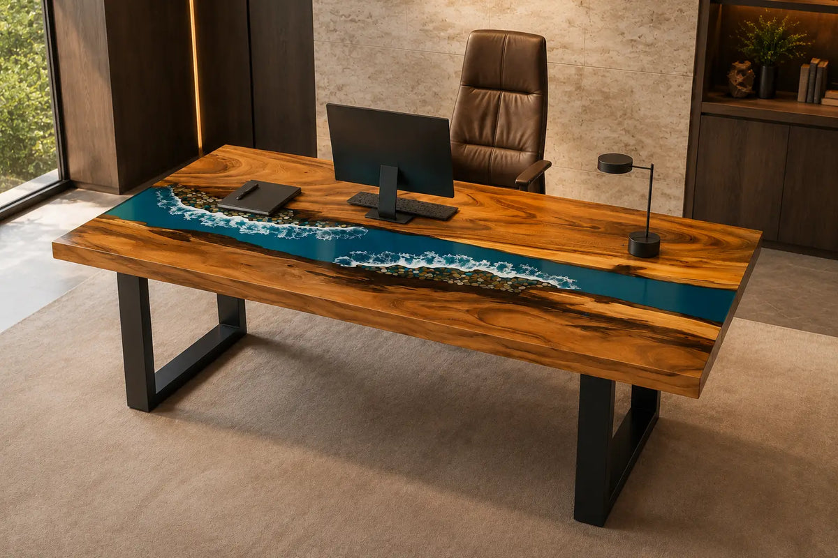 Tidal Ribbon Turquoise Blue with White Surf Epoxy River Walnut Office Desk OD06