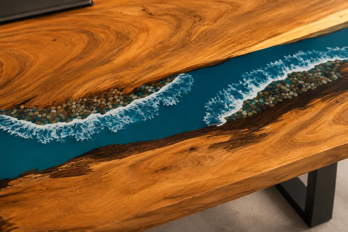 Tidal Ribbon Turquoise Blue with White Surf Epoxy River Walnut Office Desk OD06
