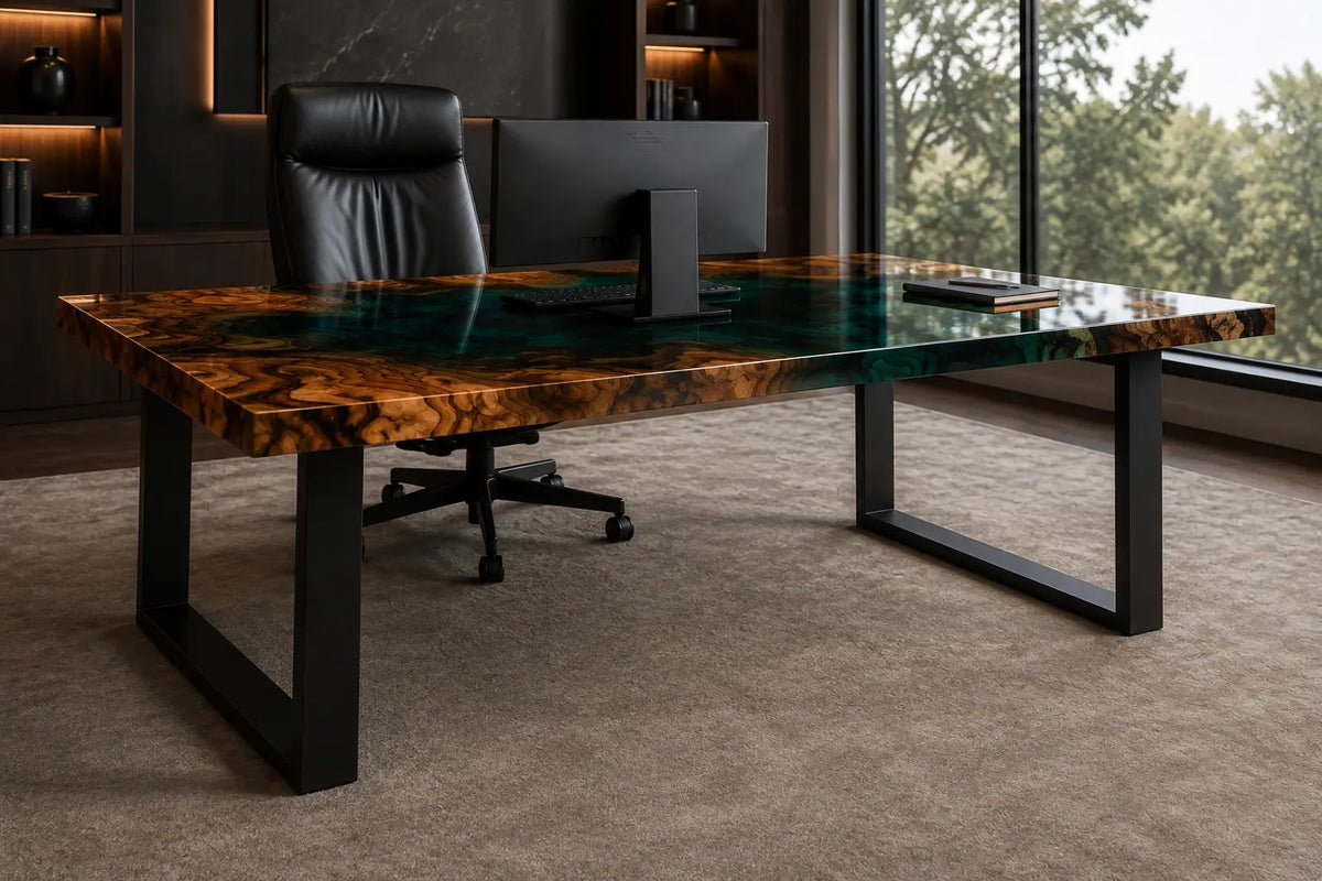 Emerald Basin emerald green transparent epoxy river walnut office desk OD07