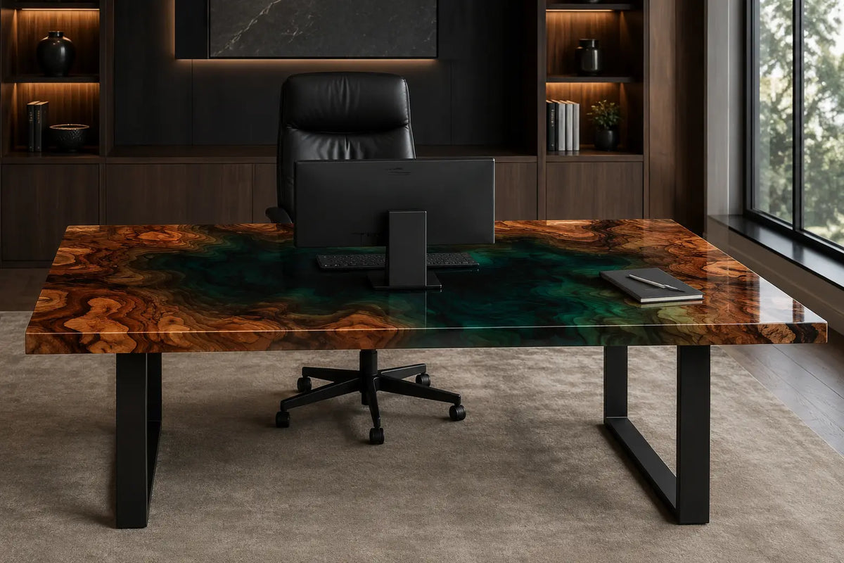 Emerald Basin Emerald Green Transparent Epoxy River Walnut Office Desk OD07
