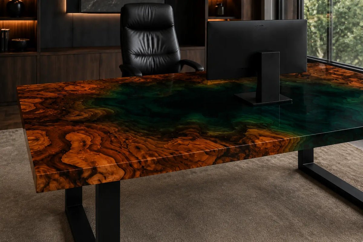 Emerald Basin Emerald Green Transparent Epoxy River Walnut Office Desk OD07