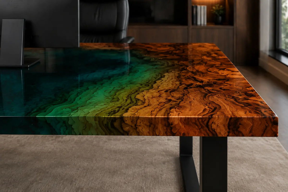 Emerald Basin Emerald Green Transparent Epoxy River Walnut Office Desk OD07
