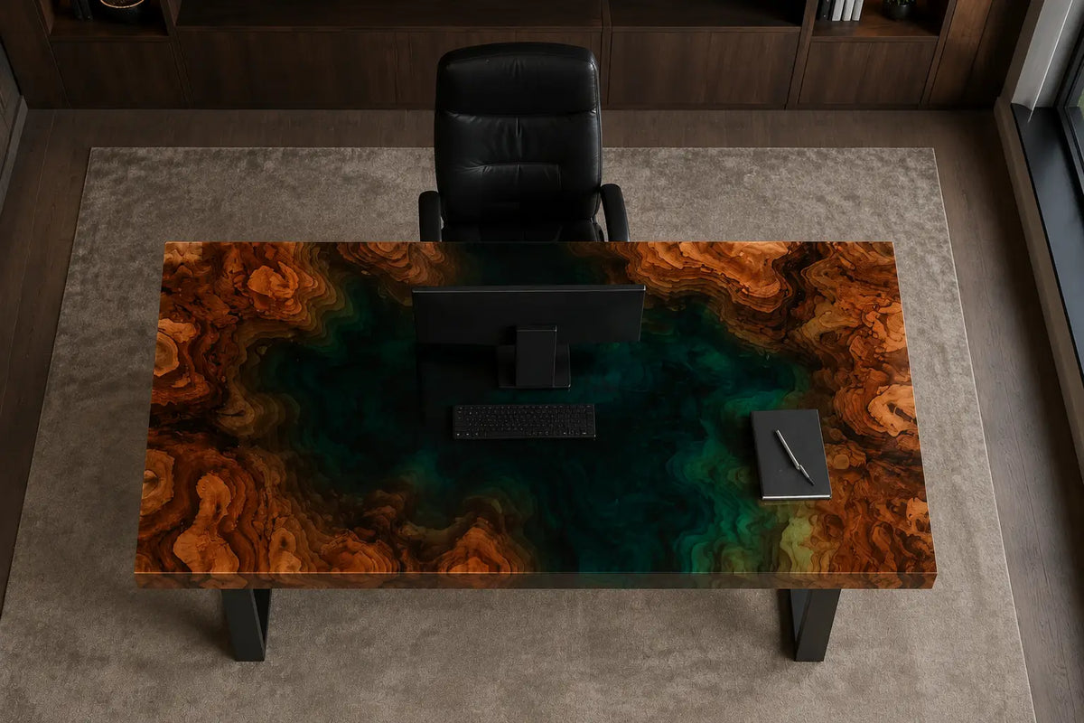 Emerald Basin Emerald Green Transparent Epoxy River Walnut Office Desk OD07