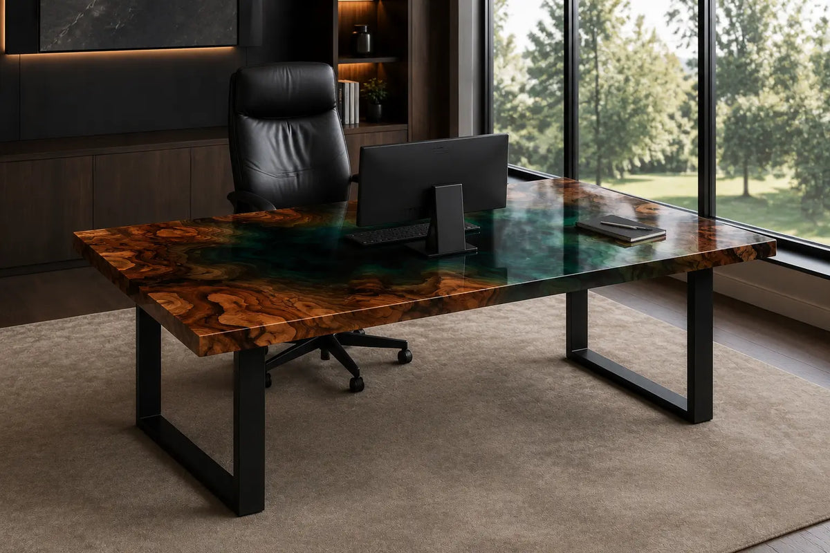 Emerald Basin Emerald Green Transparent Epoxy River Walnut Office Desk OD07