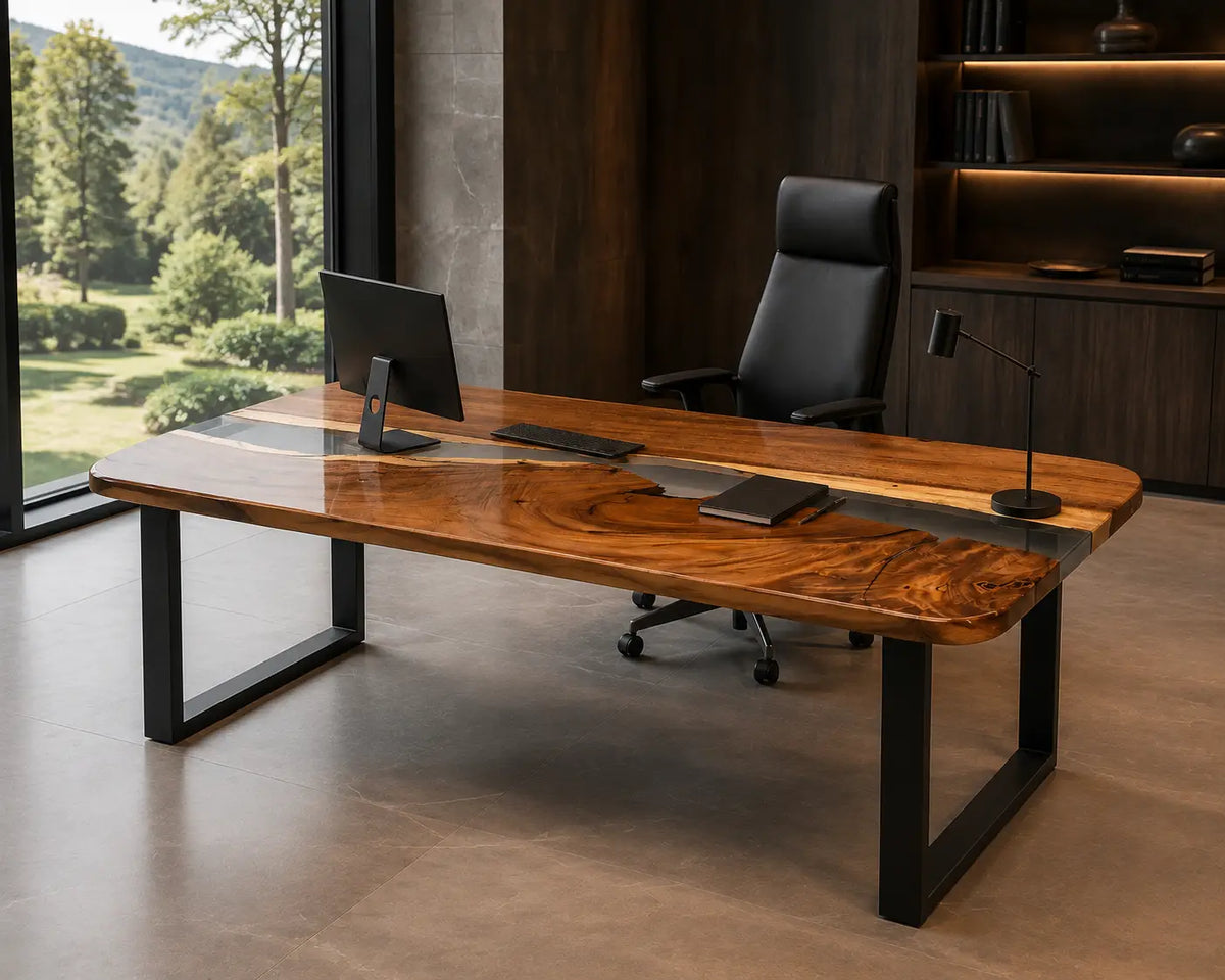 Shadow Current smoky black transparent epoxy river walnut office desk OD08