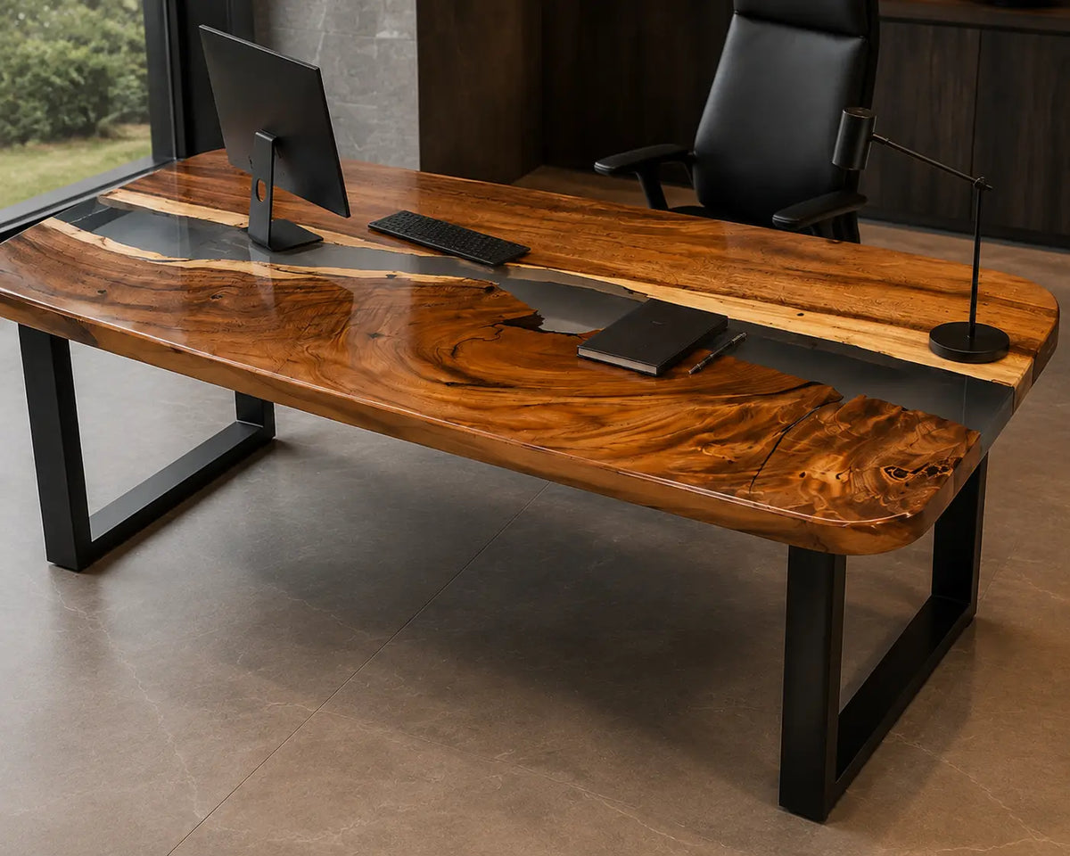 Shadow Current Smoky Black Transparent Epoxy River Walnut Office Desk OD08