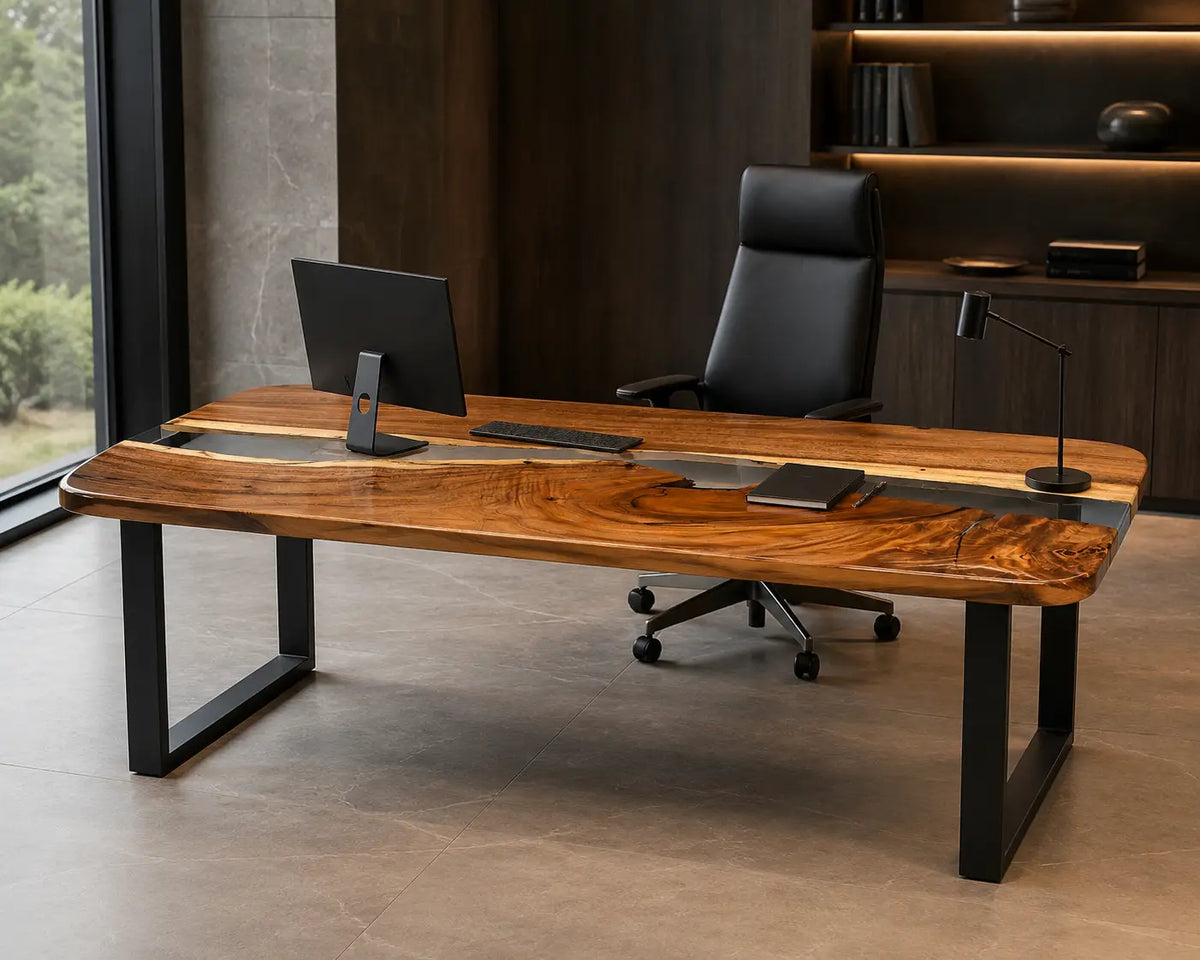 Shadow Current Smoky Black Transparent Epoxy River Walnut Office Desk OD08