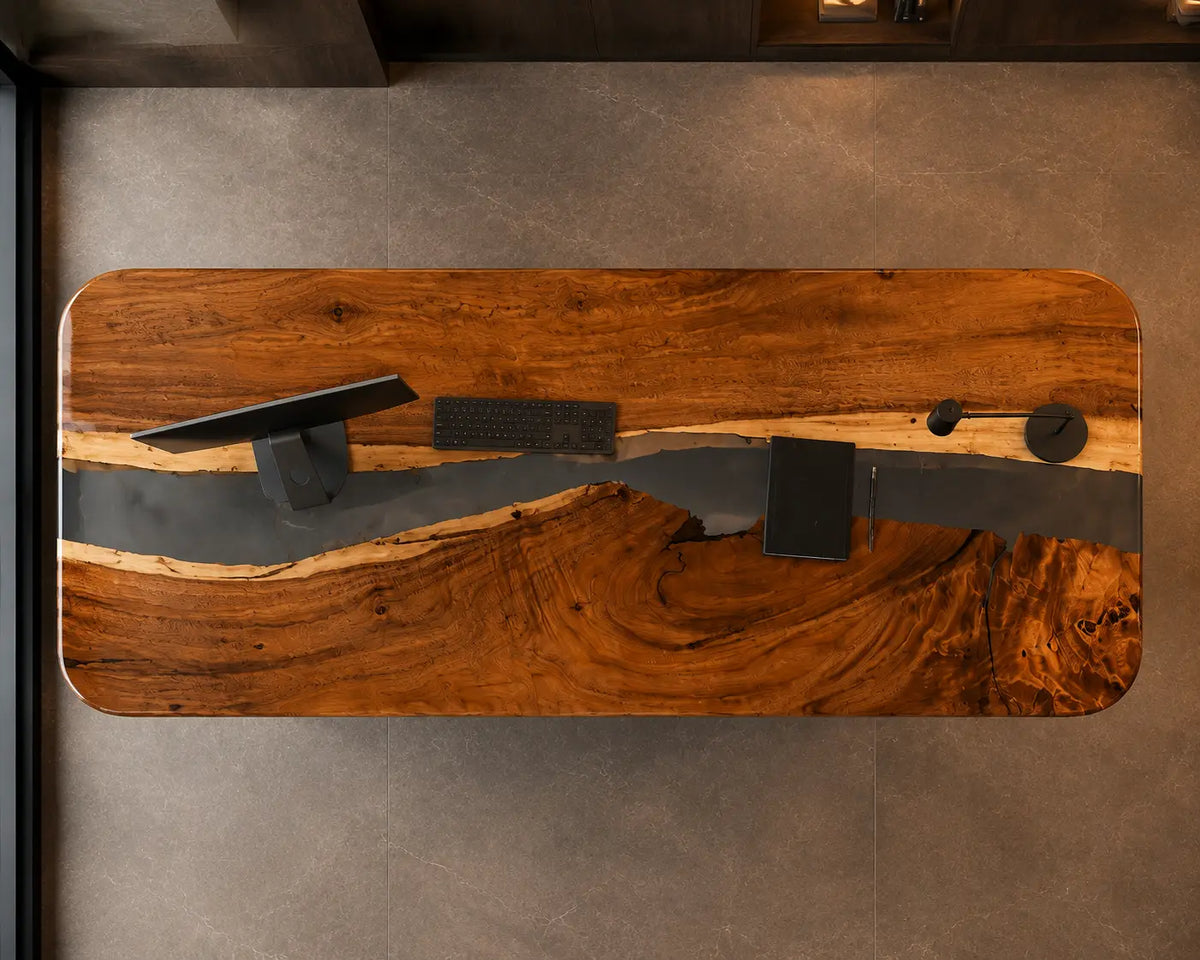 Shadow Current Smoky Black Transparent Epoxy River Walnut Office Desk OD08