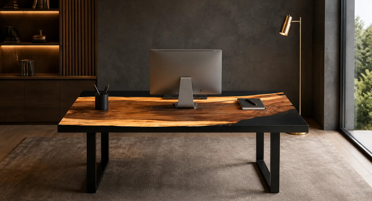 Noir Ember smoky black epoxy walnut office desk OD09