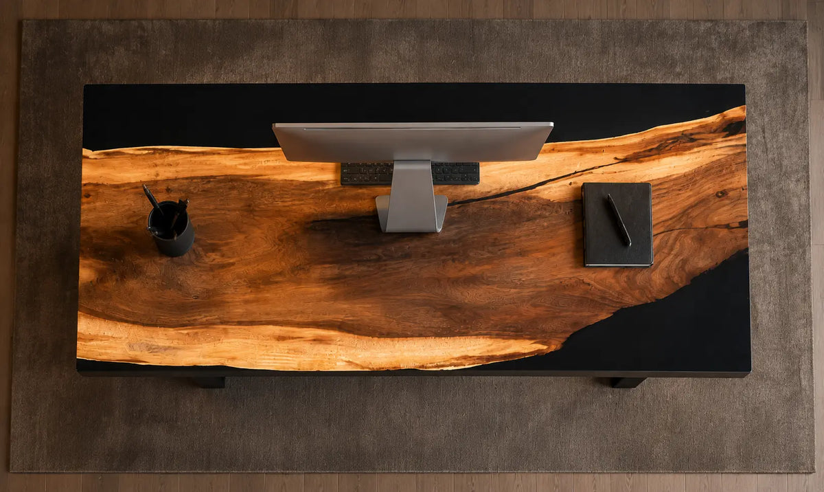 Noir Ember Smoky Black Epoxy Walnut Office Desk OD09
