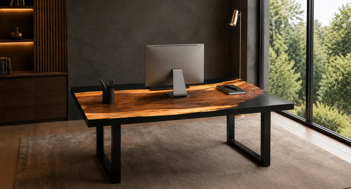 Noir Ember Smoky Black Epoxy Walnut Office Desk OD09