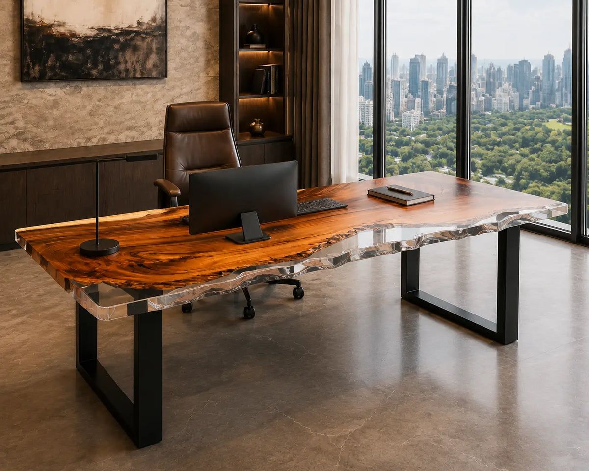 Smoke Estuary smoky transparent gray epoxy river walnut office desk OD12