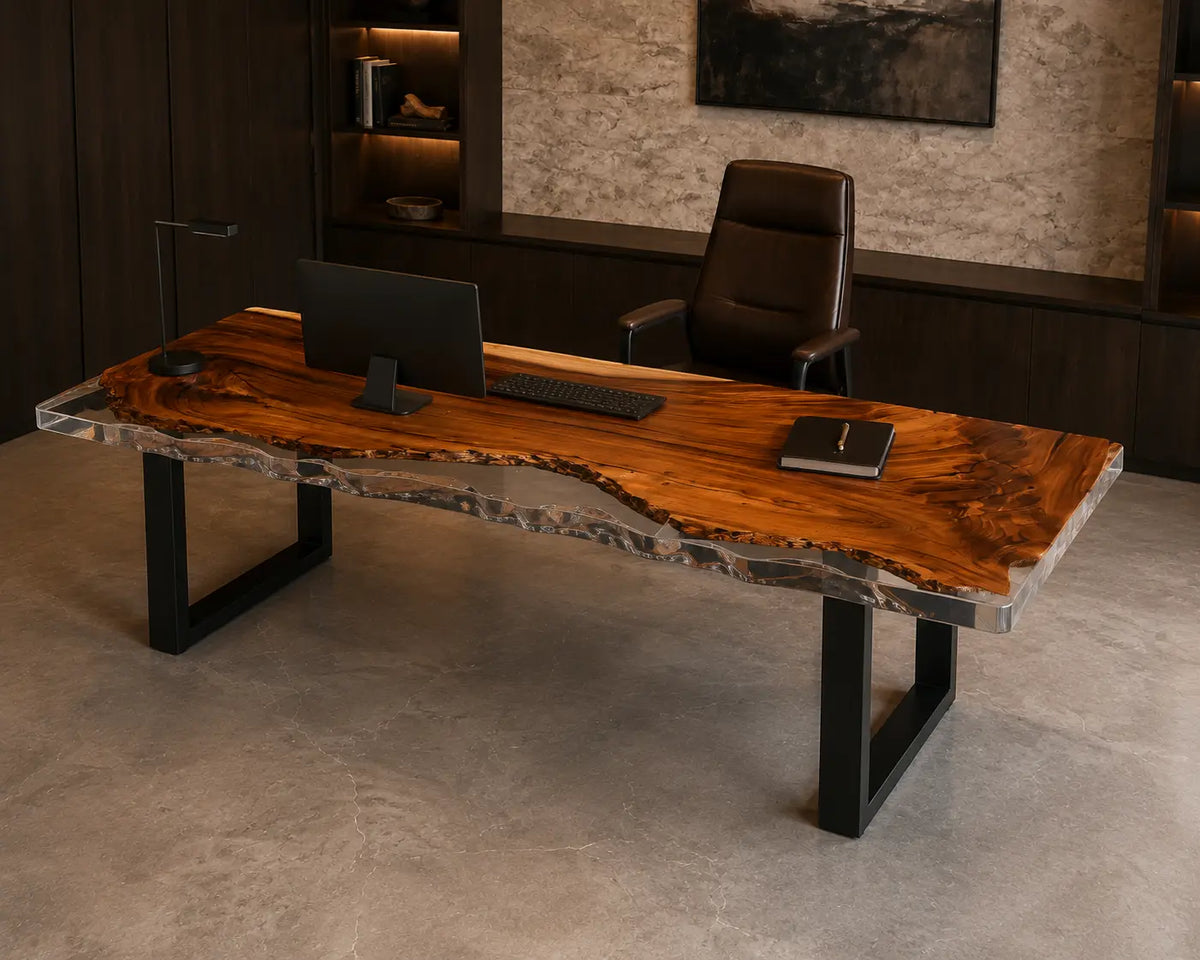 Smoke Estuary Smoky Transparent Gray Epoxy River Walnut Office Desk OD12