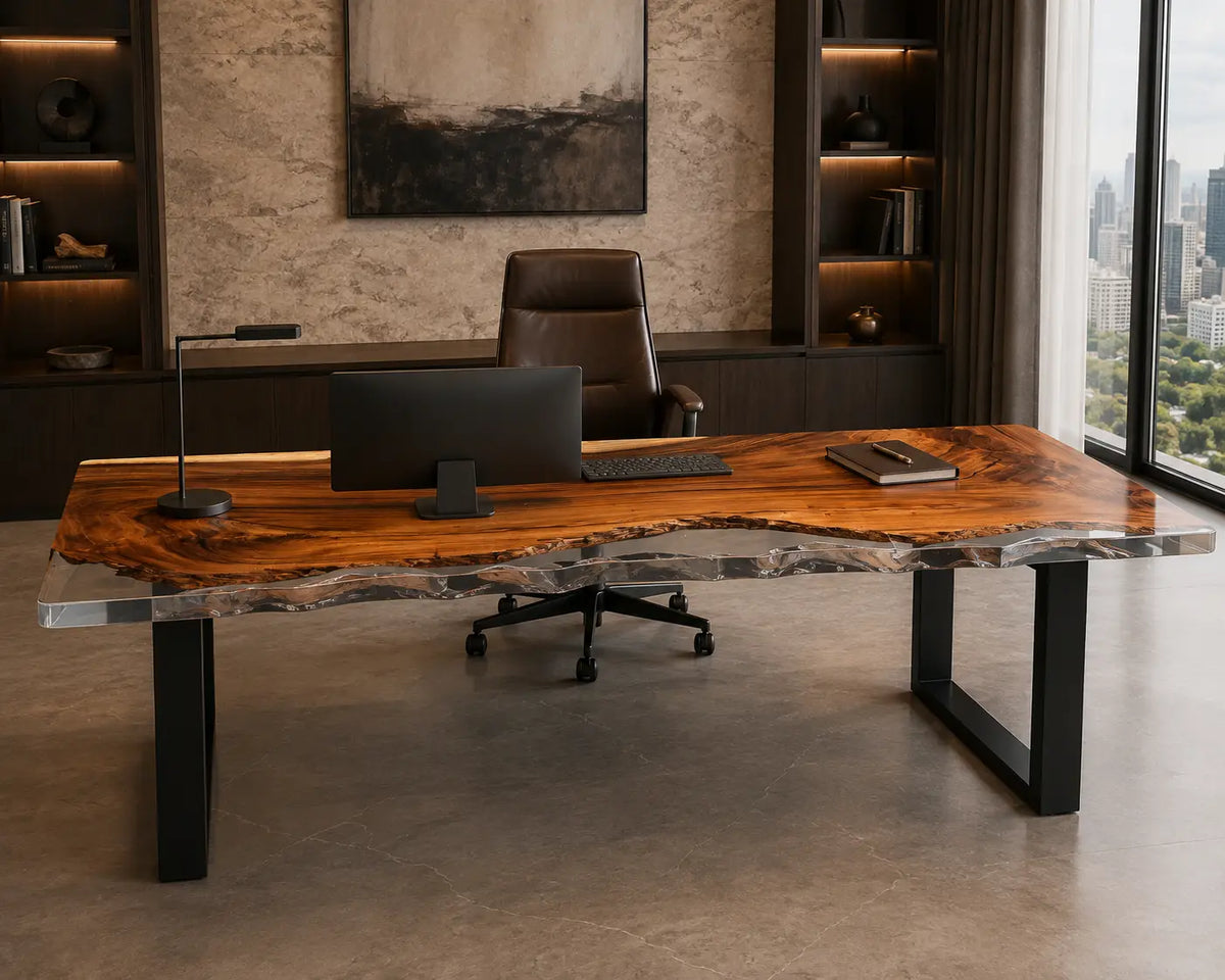 Smoke Estuary Smoky Transparent Gray Epoxy River Walnut Office Desk OD12