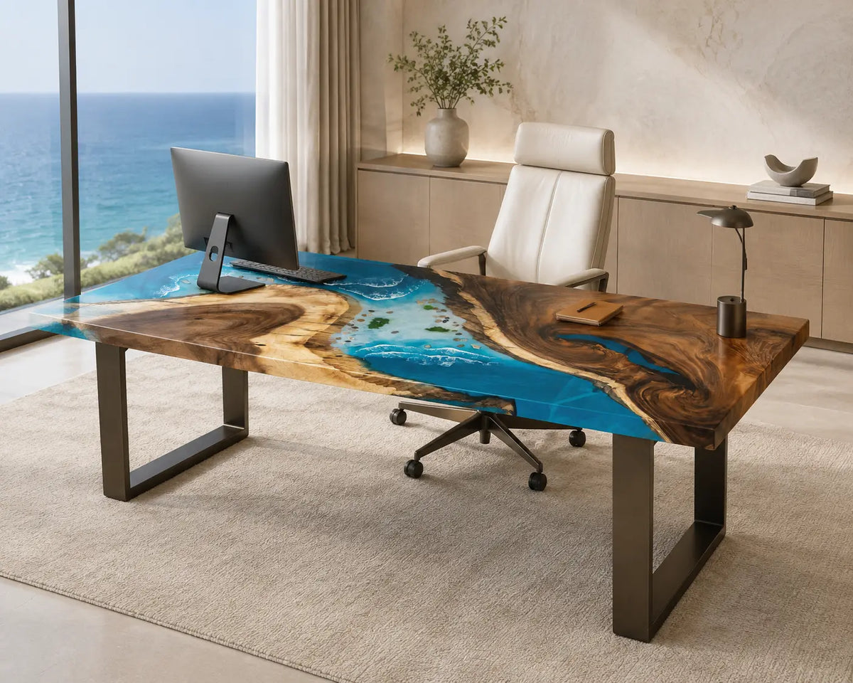 Azure Headland ocean blue with white surf epoxy ocean walnut office desk OD13