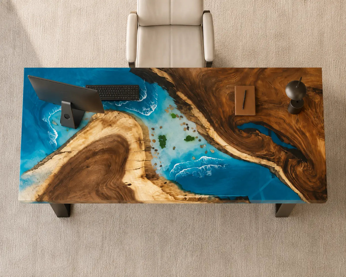 Azure Headland Ocean Blue with White Surf Epoxy Ocean Walnut Office Desk OD13