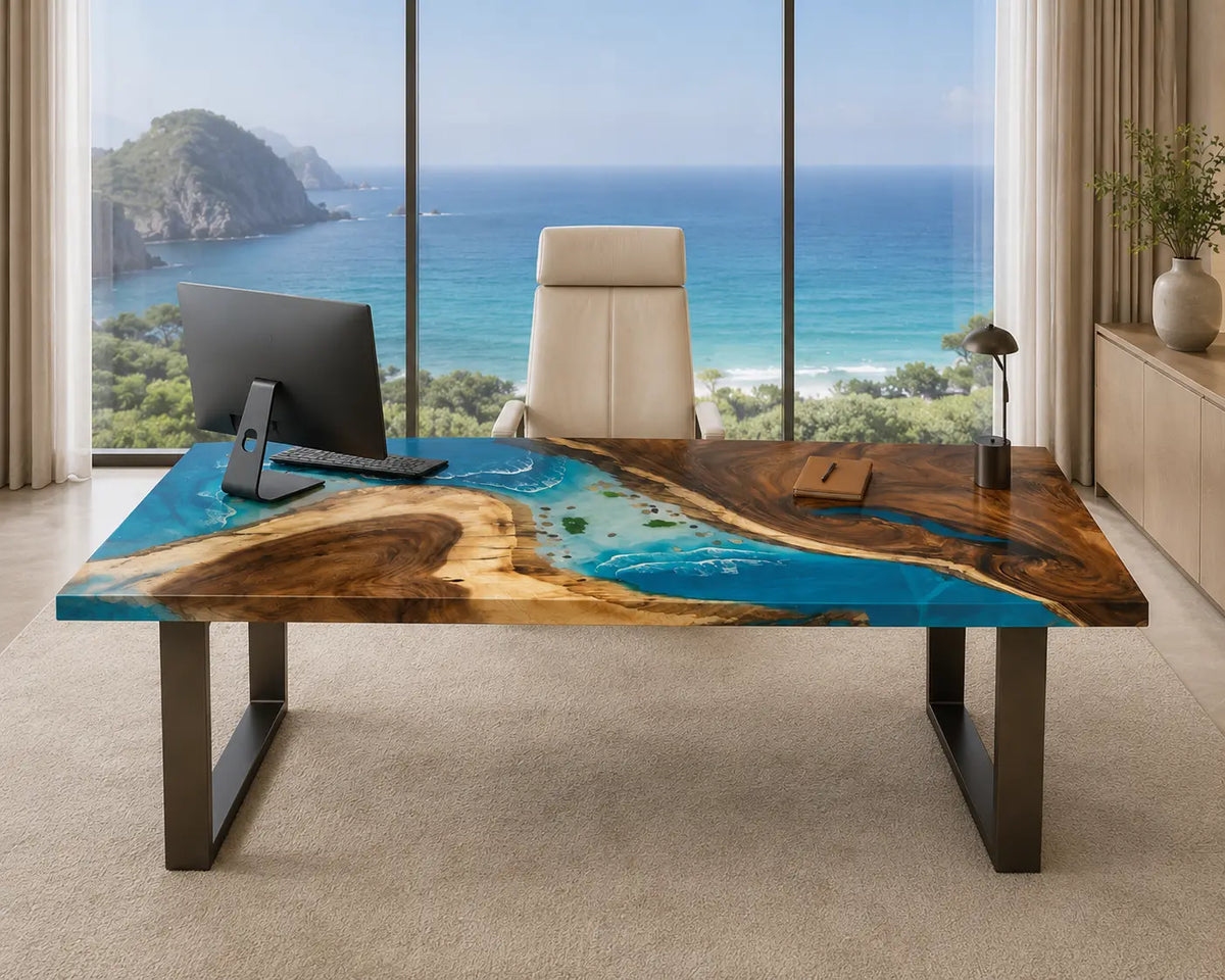 Azure Headland Ocean Blue with White Surf Epoxy Ocean Walnut Office Desk OD13