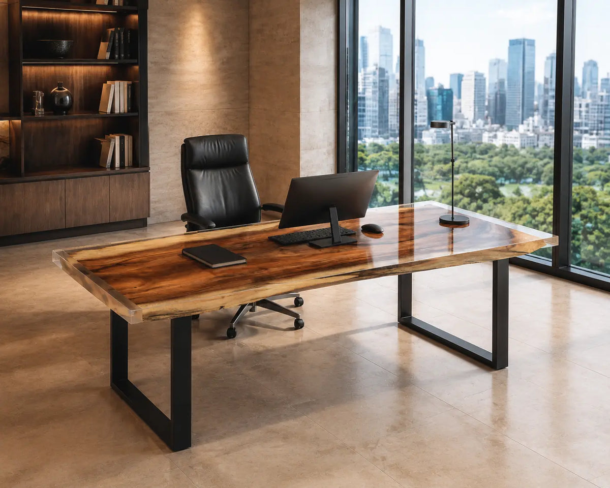 Crystal Span crystal clear epoxy walnut office desk OD14