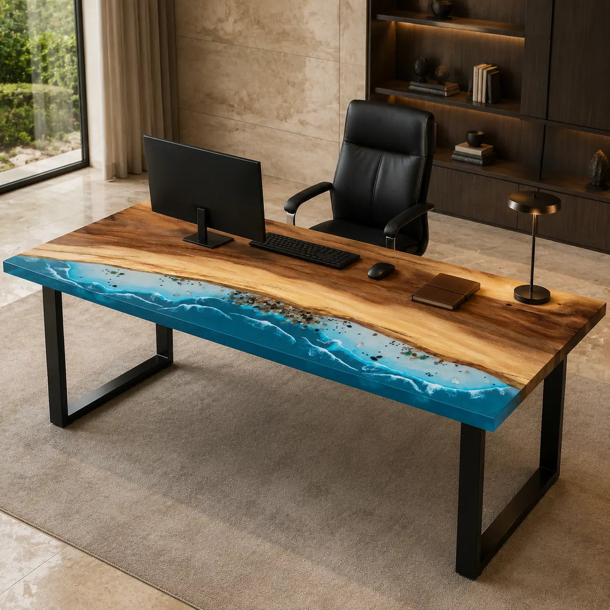 Coastal Crest ocean blue with white surf epoxy ocean walnut office desk OD15