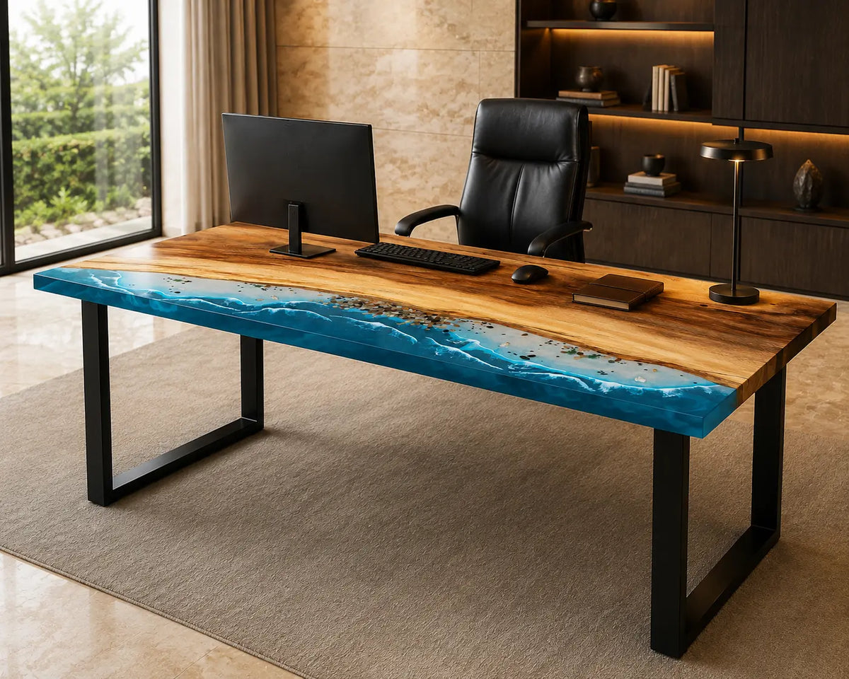 Coastal Crest Ocean Blue with White Surf Epoxy Ocean Walnut Office Desk OD15