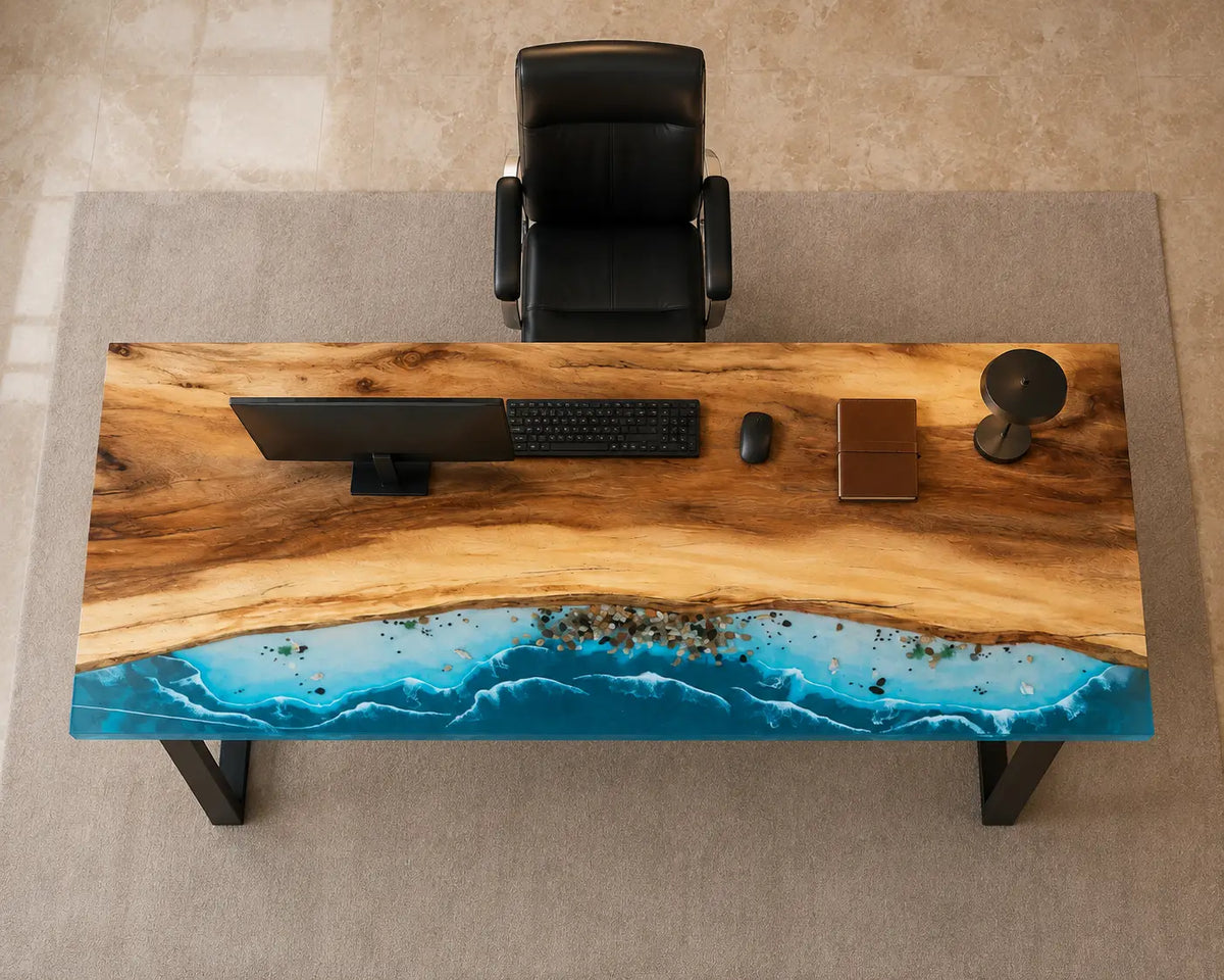 Coastal Crest Ocean Blue with White Surf Epoxy Ocean Walnut Office Desk OD15