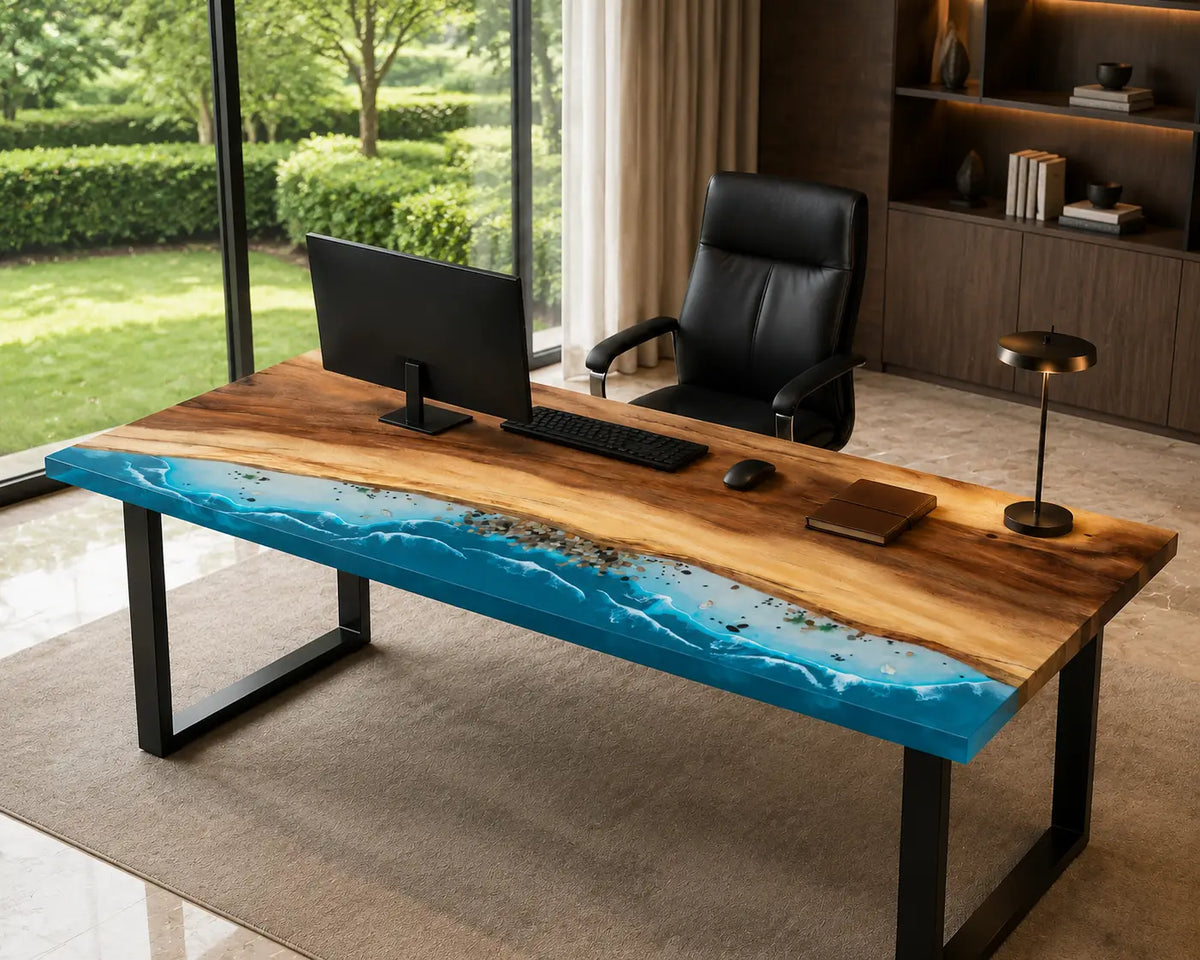 Coastal Crest Ocean Blue with White Surf Epoxy Ocean Walnut Office Desk OD15