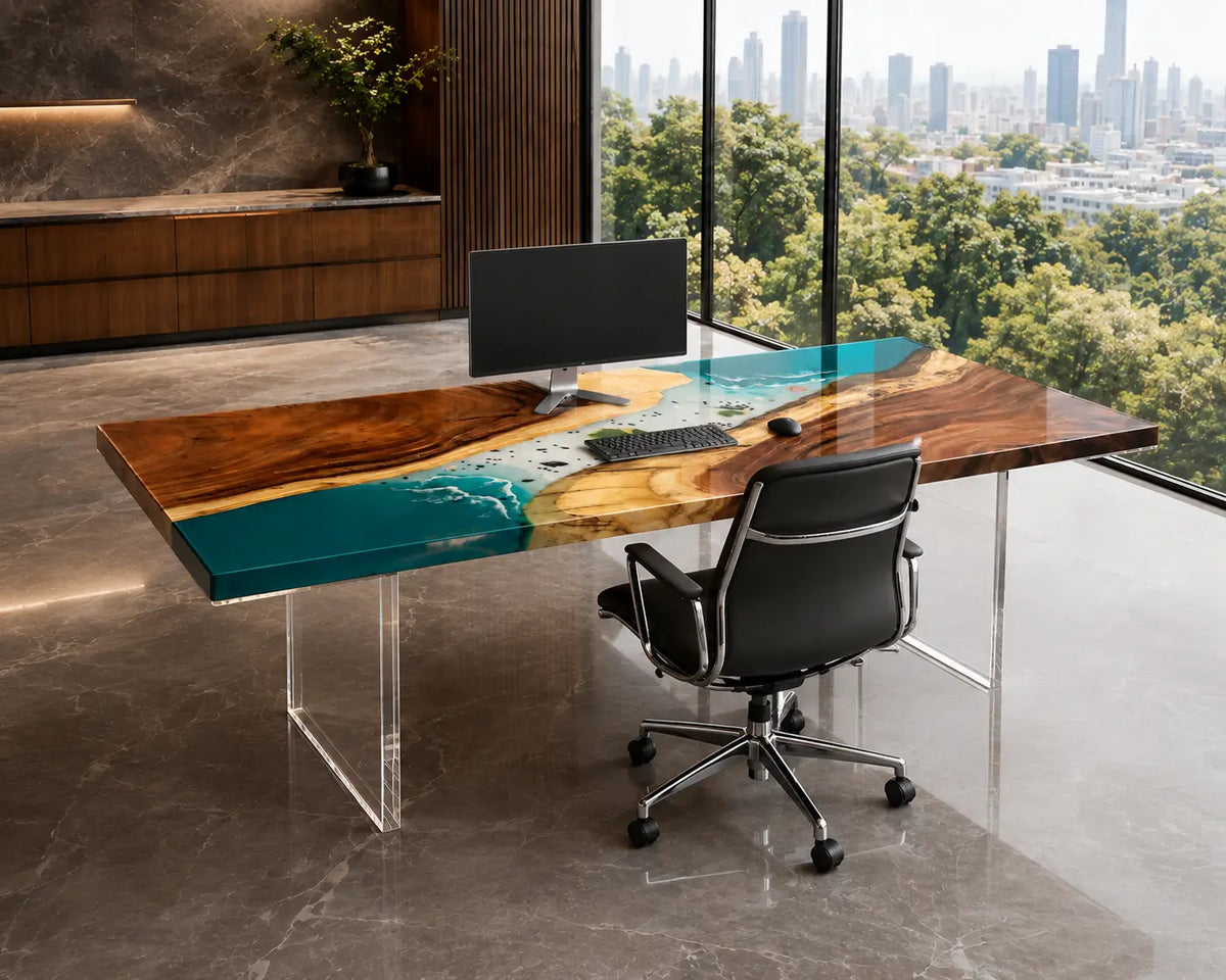 Teal Confluence turquoise blue with white surf epoxy river walnut office desk OD16
