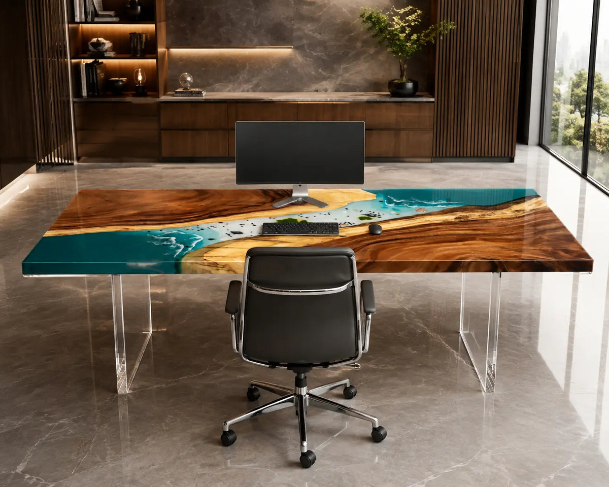 Teal Confluence Turquoise Blue with White Surf Epoxy River Walnut Office Desk OD16
