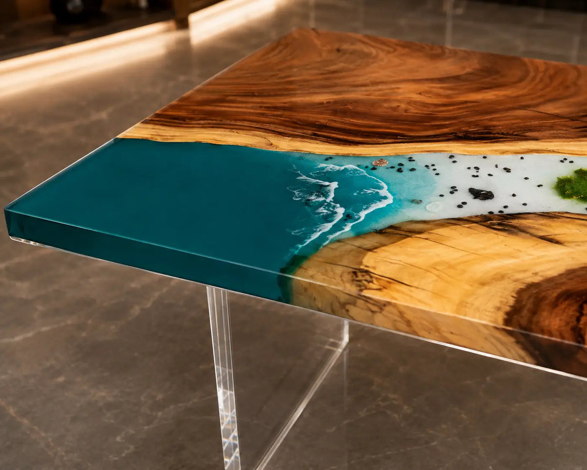 Teal Confluence Turquoise Blue with White Surf Epoxy River Walnut Office Desk OD16