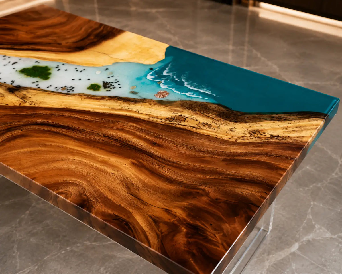 Teal Confluence Turquoise Blue with White Surf Epoxy River Walnut Office Desk OD16