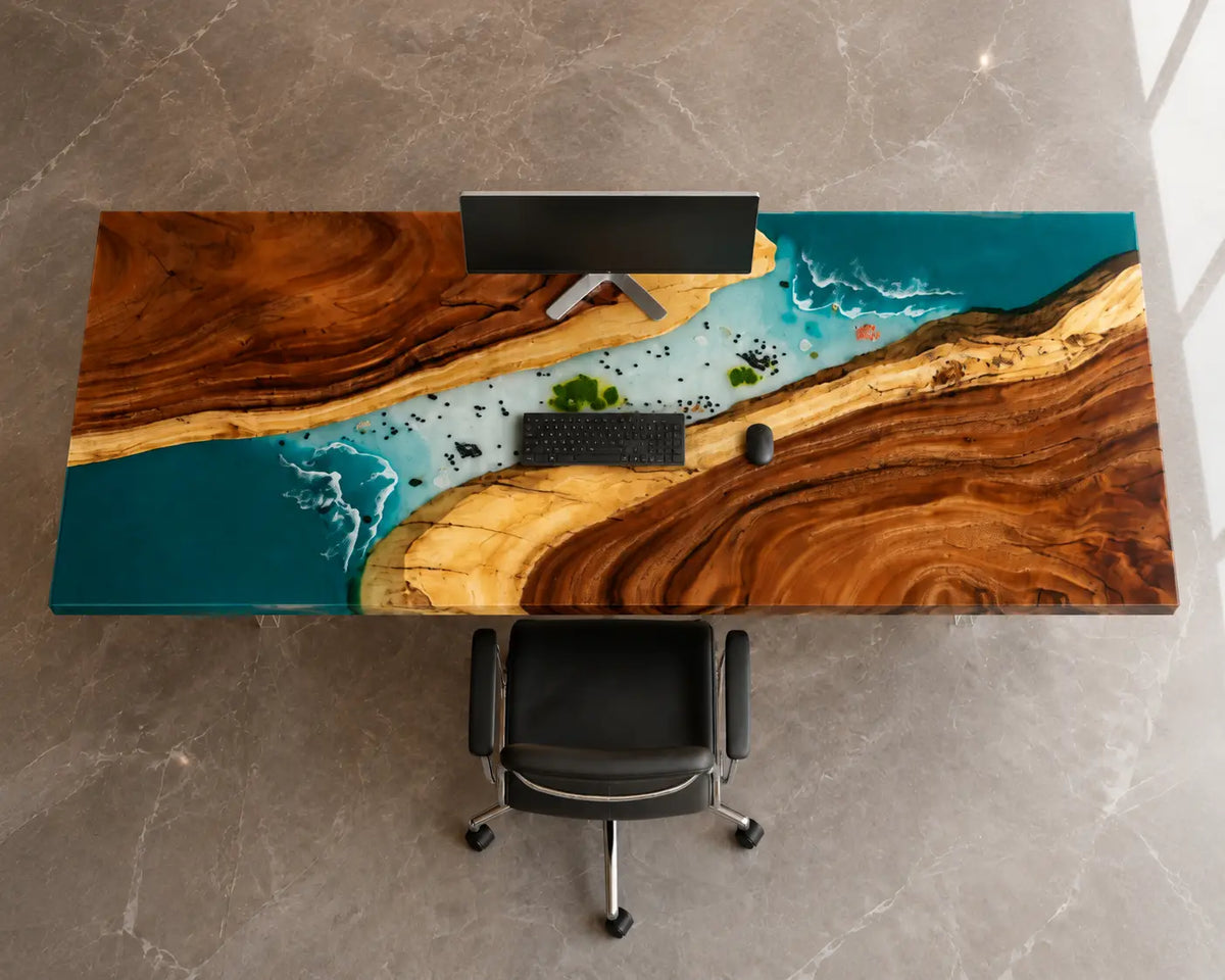 Teal Confluence Turquoise Blue with White Surf Epoxy River Walnut Office Desk OD16